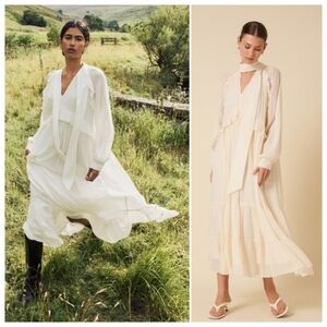 Flowing Ivory V-Neck Long Sleeve Maxi Dress with Tie Detail